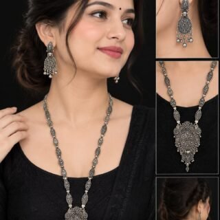 Traditional Oxidised Silver-Plated Long Necklace Set with Matching Earrings for Women & Girls