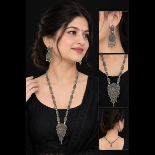 Traditional Oxidised Silver-Plated Long Necklace Set with Matching Earrings for Women & Girls